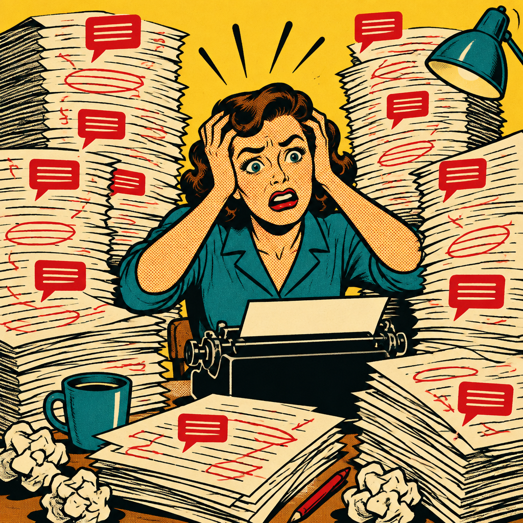 Retro comic illustration of a writer buried under stacks of paper covered in red comment bubbles