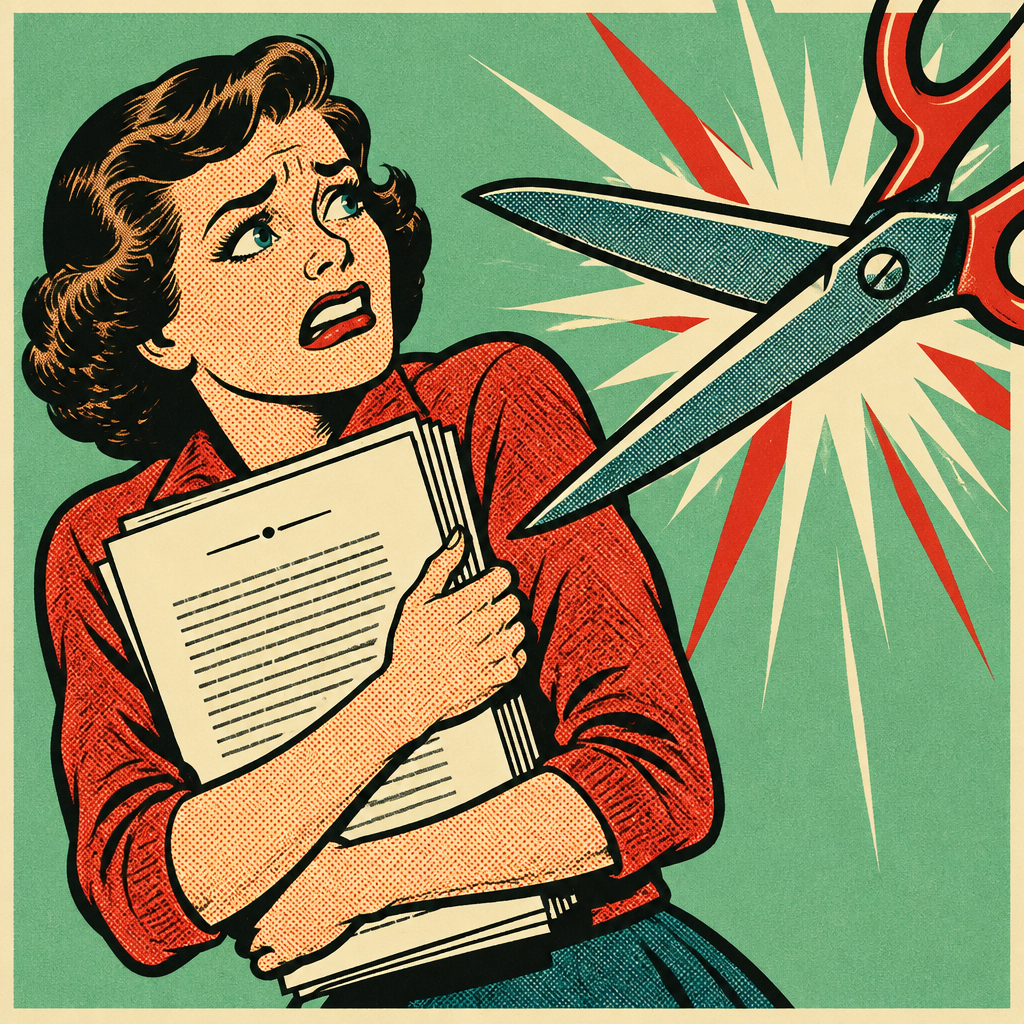 Retro comic illustration of a writer clutching a chapter while giant scissors loom nearby