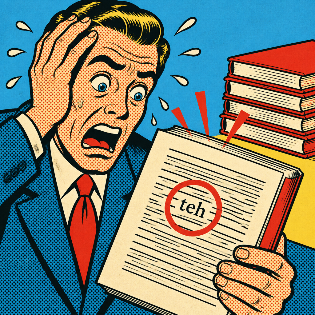 Retro comic illustration of a horrified author spotting a circled typo in a freshly printed book